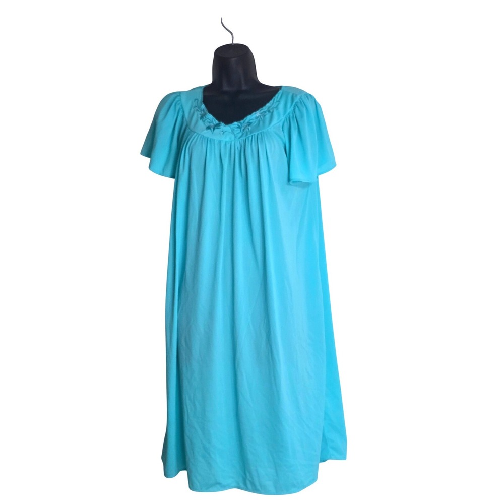 Miss Elaine Classics‎ Turquoise Blue Floral Embroidered Nightgown Sleep Dress S